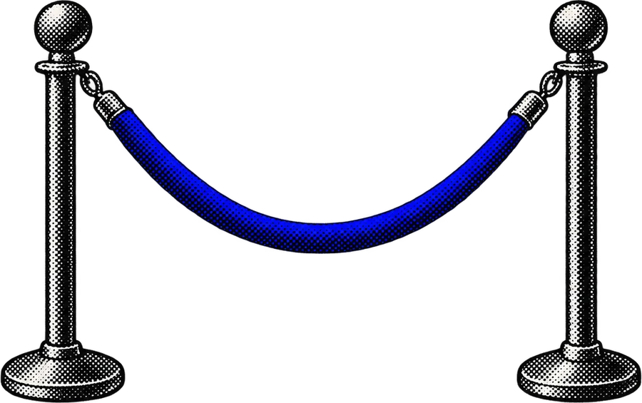Cordão de veludo azul entre dois pedestais, ilustração pontilhada